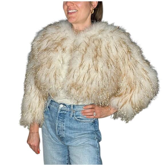 VINTAGE White Gold Tinsel Embellished Marabou Cropped Jacket Bolero NYE Party - Picture 1 of 13